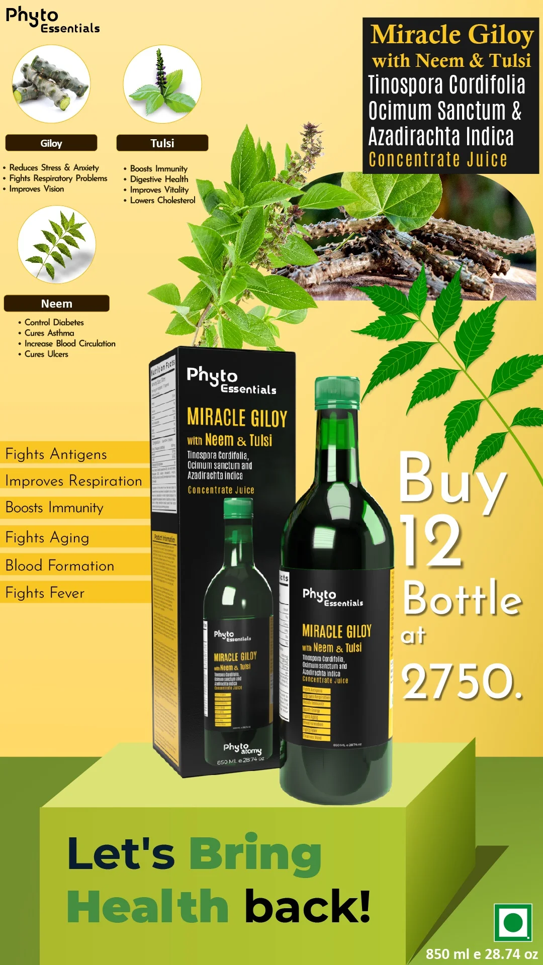 RBV B2B Miracle Giloy With Neem & Tulsi 850ml-12 Pcs.